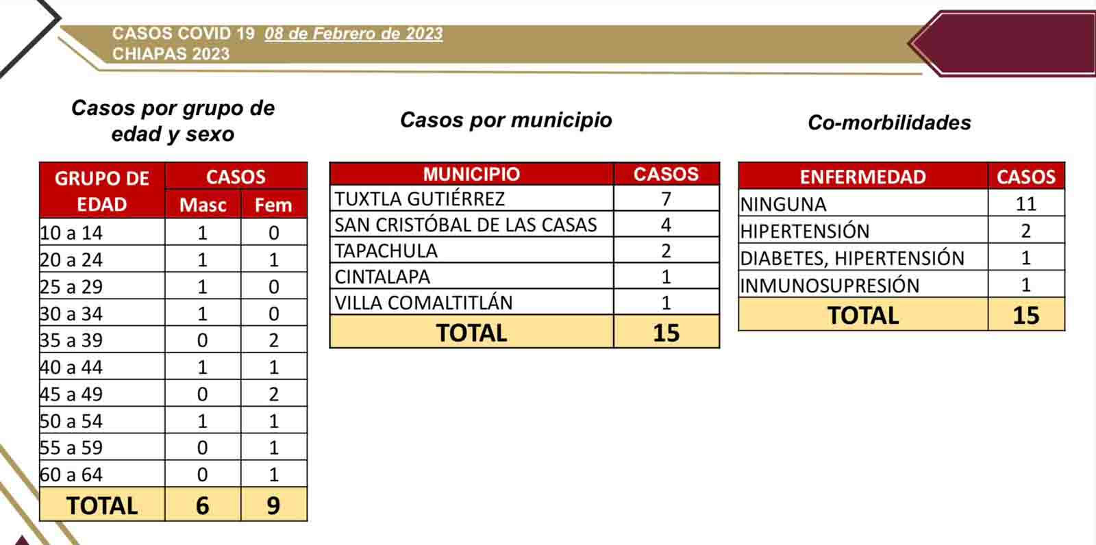 Notifica Chiapas 15 casos positivos de COVID-19