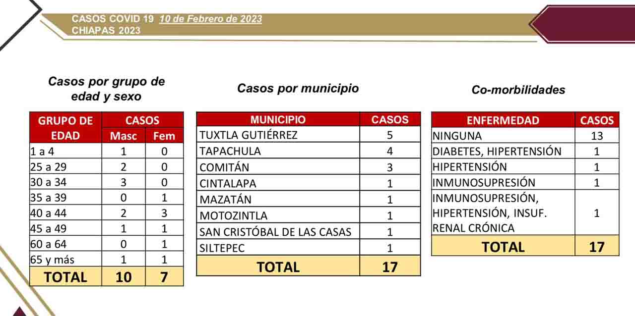 17 casos nuevos de COVID-19 en ocho municipios de Chiapas