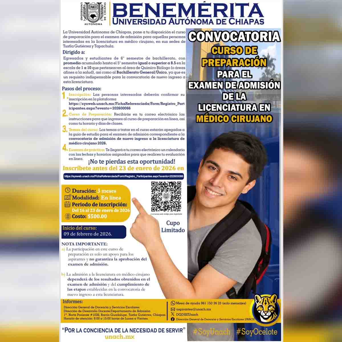 Abierta las inscripciones del curso de preparación para el examen de admisión de la Licenciatura en Médico Cirujano en la UNACH