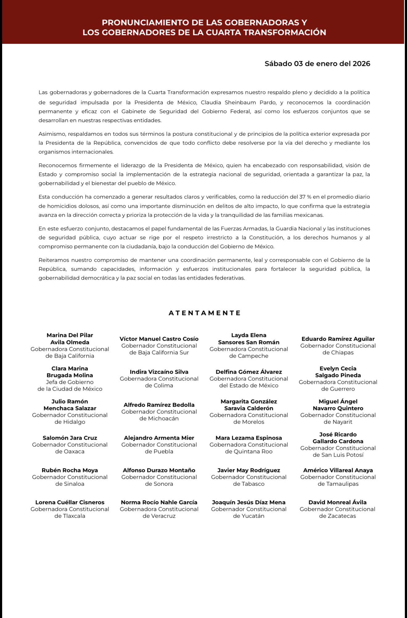 Gobernadores apoyan política de seguridad de la presidenta Sheinbaum