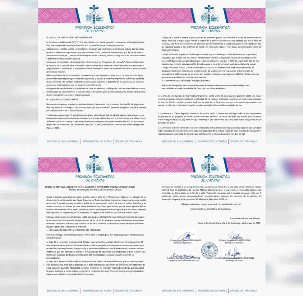 Obispos de Chiapas llaman a construir paz, justicia y esperanza