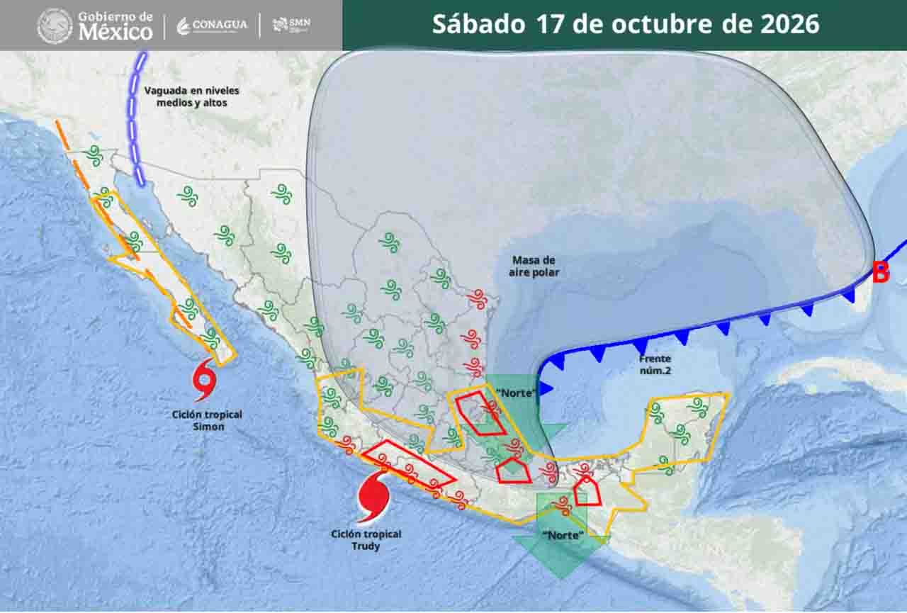 Frente frío 2, masa de aire polar y huracán Trudy azotarán con lluvias intensas de viernes a lunes